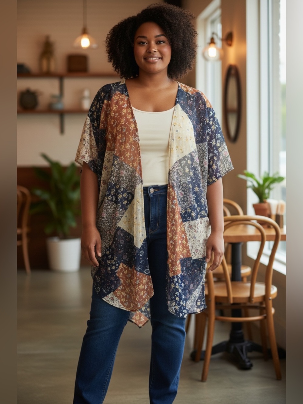 Sheer Patchwork Floral Kimono in Cream‎ OS Sheer Patchwork Design Boho Cover Up
